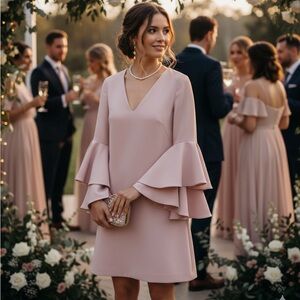 Milly Italian Fabric Cascading Bell Sleeve V Neck Dusty Rose Cady Midi Dress